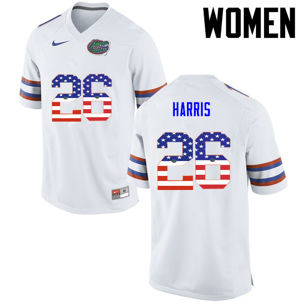 Women Florida Gators #26 Marcell Harris College Football USA Flag Fashion Jerseys-White - Click Image to Close